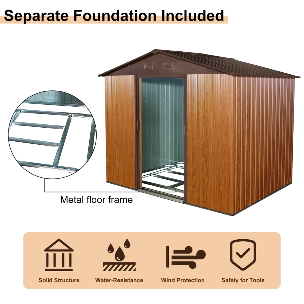 8ft x 6ft All-Steel Storage Shed - Coffee Outdoor Shed with Metal Floor - Rust-Resistant Heavy Duty Garden Tool Storage