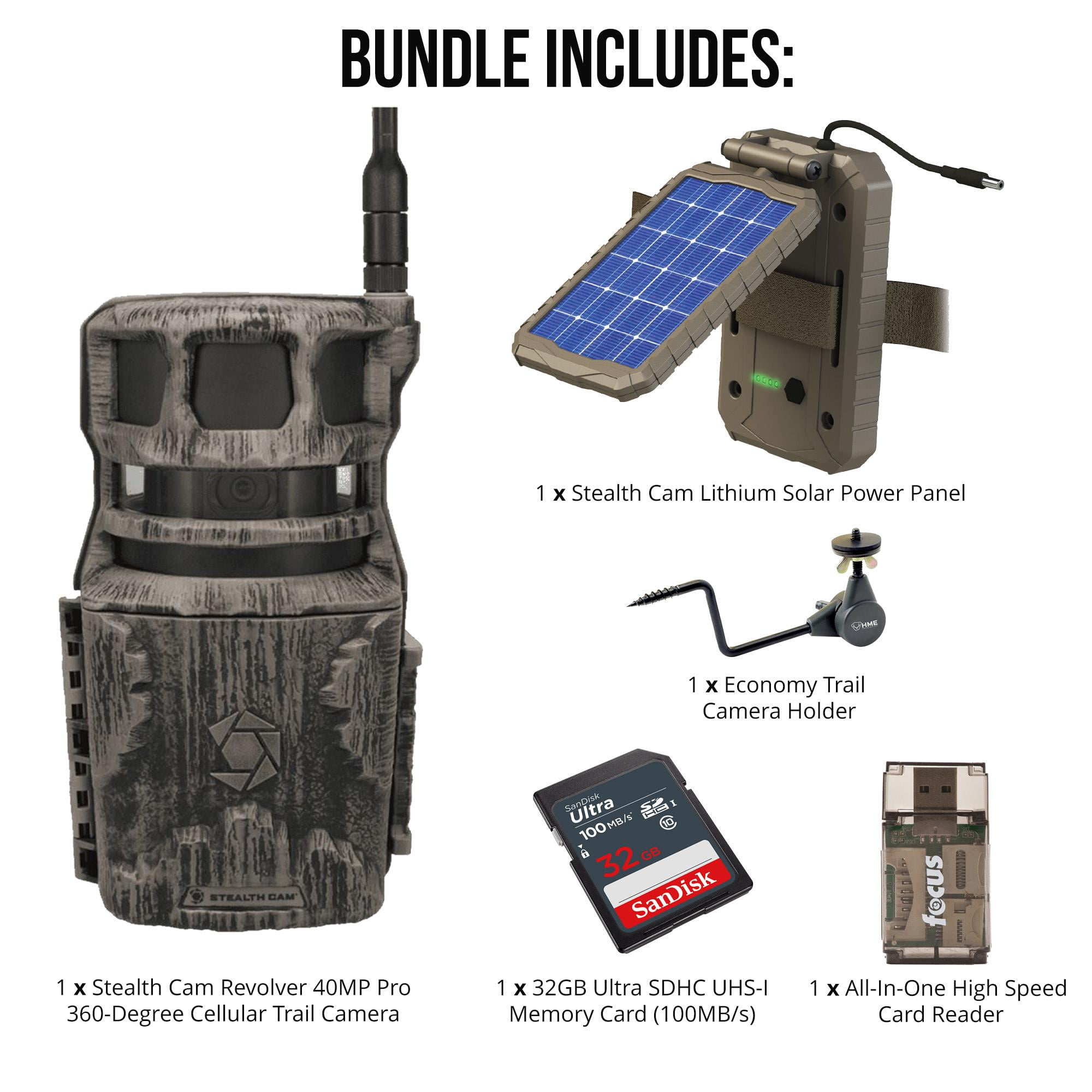 Stealth Cam Revolver 40MP Pro 360-Degree Cellular Trail Camera Bundle with Solar Power Panel, Trail Camera Holder, 32GB Ultra SDHC UHS-I Memory Card, and SD USB 2.0 Card Reader (5 Items)