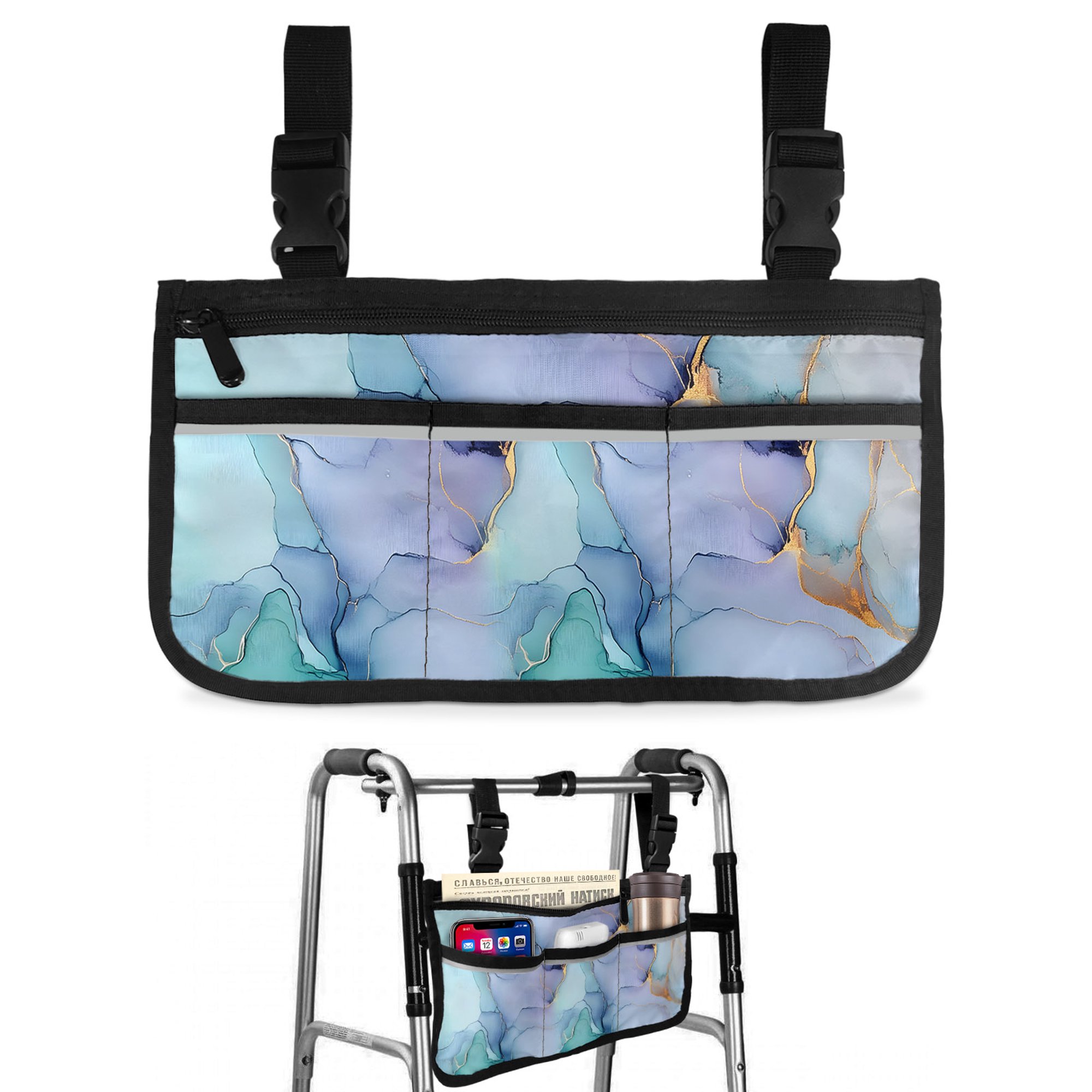 Purple Teal Golden Marble Wheelchair Side Bag Walk Bag Basket, Abstract Modern Geometric Wheelchair Accessories Armrest Pouch, Organizer Storage Bags for Walkers, Rollators, Scooters, 7.3"x13"