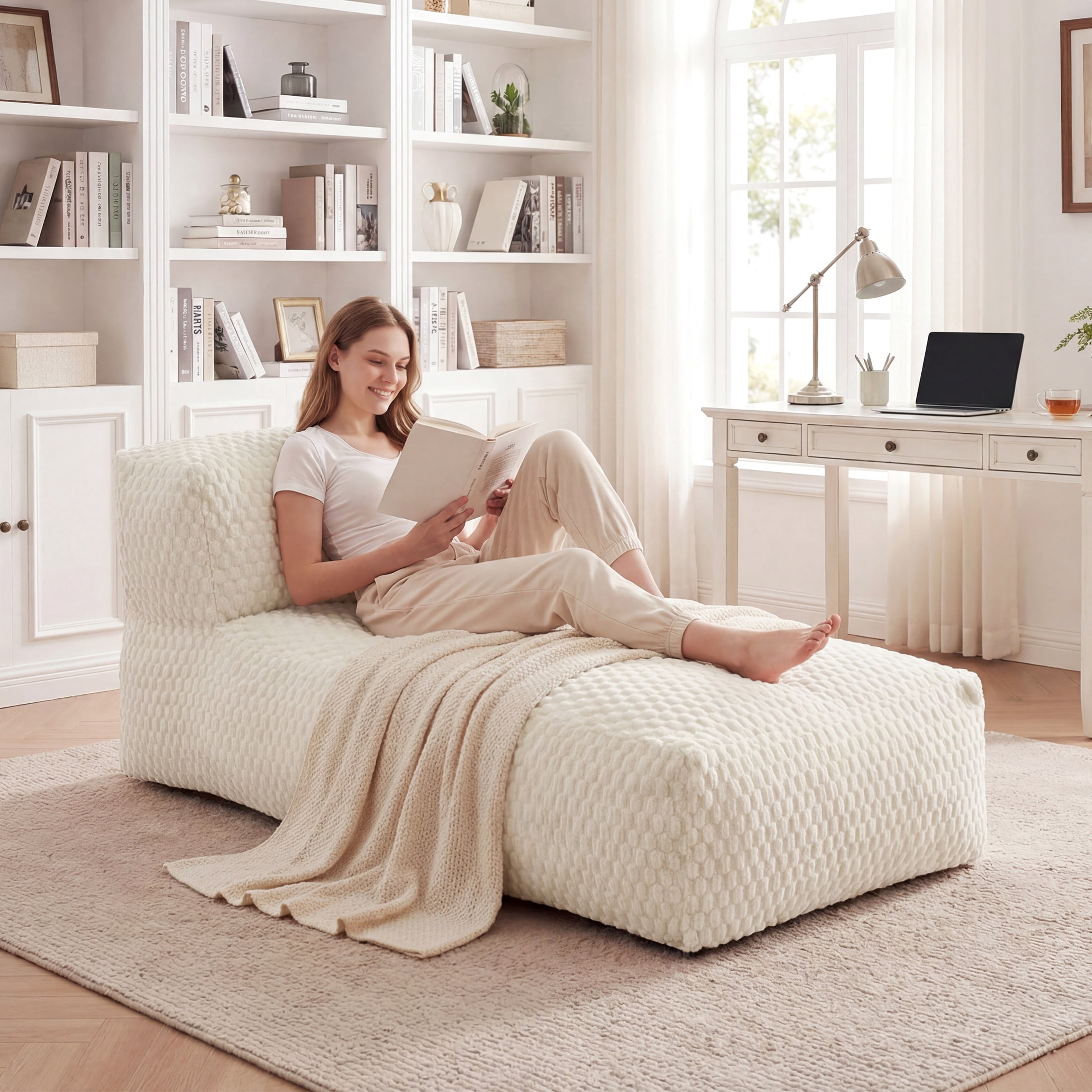 Poshby Big Bean Bag Lounger Chair for Adults, Large Flannel Plush Beanbag Sofa Chair for Living Room or Bedroom, White
