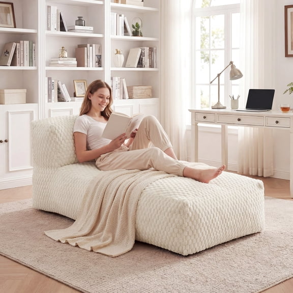 Poshby Large Flannel Plush Bean Bag Lounger Chair for Adults, White