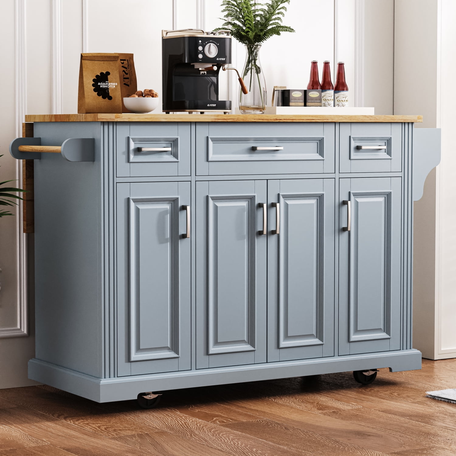 Harper & Bright Designs Large Kitchen Island with Drop Leaf, Rolling Kitchen Cart on 4 Wheels with Doors and 3 Drawers, Kitchen Island with Storage for Dining Room, Grey+Blue