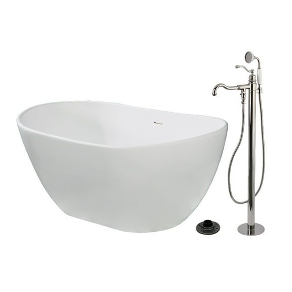 Kingston Brass KRTRS5732136AL 57" Solid Surface Oval Double Slipper Freestanding Tub with Faucet Combo and Drain, Polished Nickel