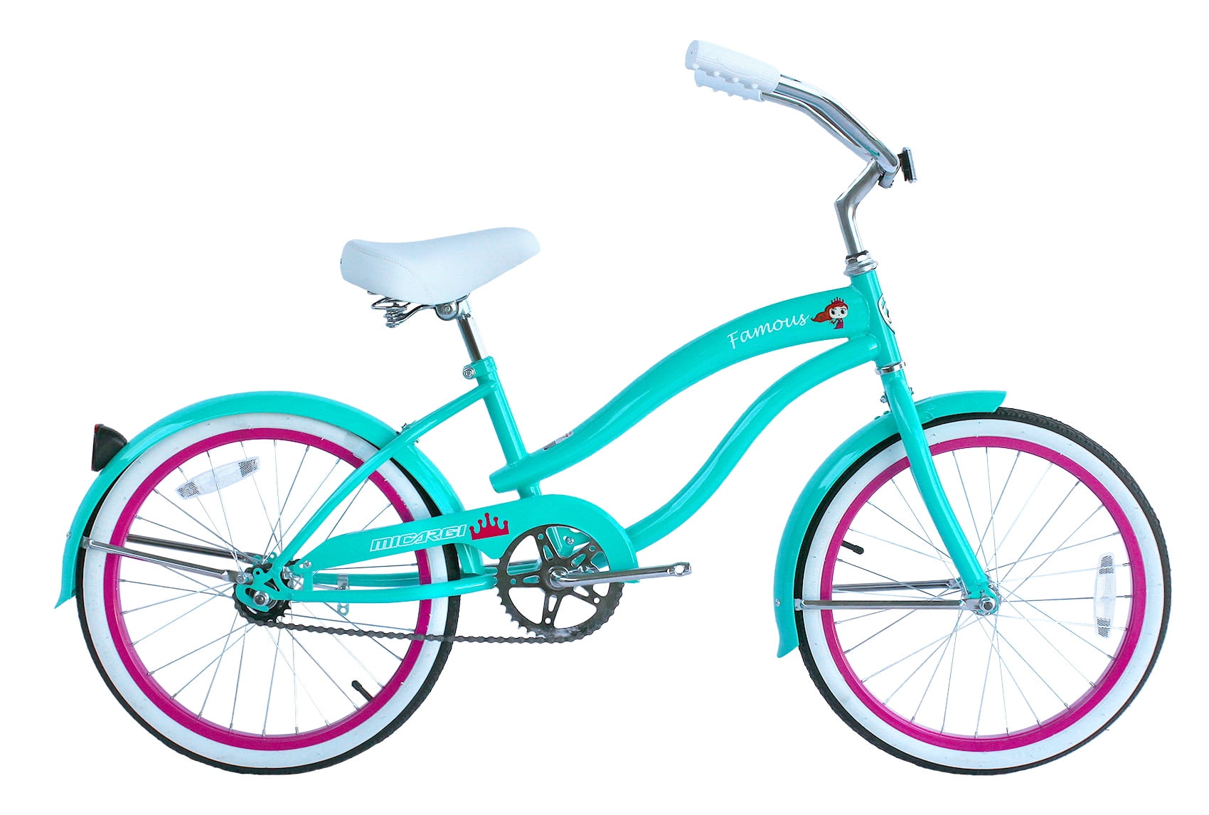 Wonder Wheels 20 Beach Cruiser Steel Frame Tiffany Blue Coaster Brake Alloy Rims Pink 36H Stainless Steel Spokes One Piece Crank Tire White Wall Seat Grip White Fender Blue