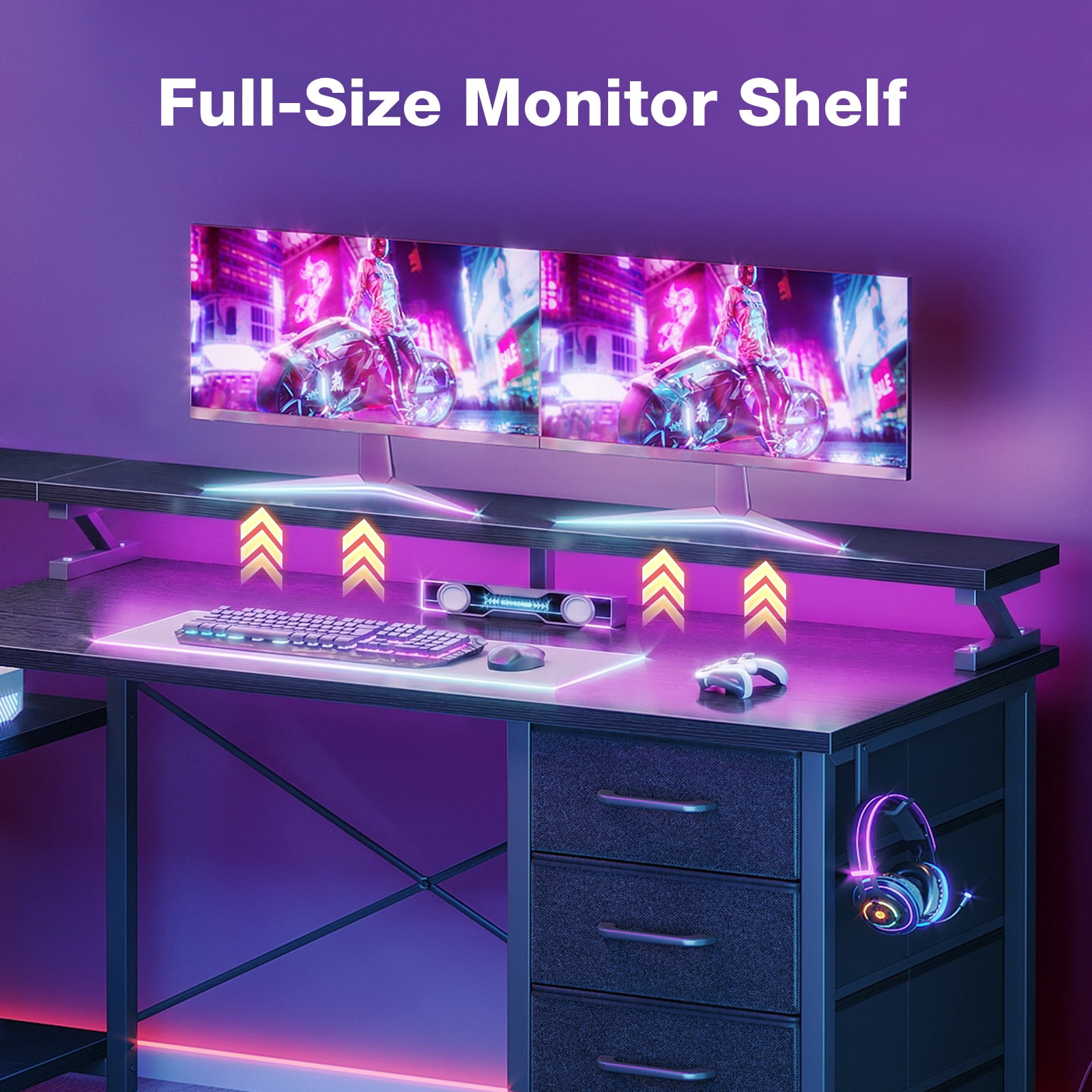 Casacomoda 55 Inch Computer Desk with LED Light, Monitor Stand, Desk with 4 Drawers, Home Office Desk with Storage Shelves, White Office Desks, Black