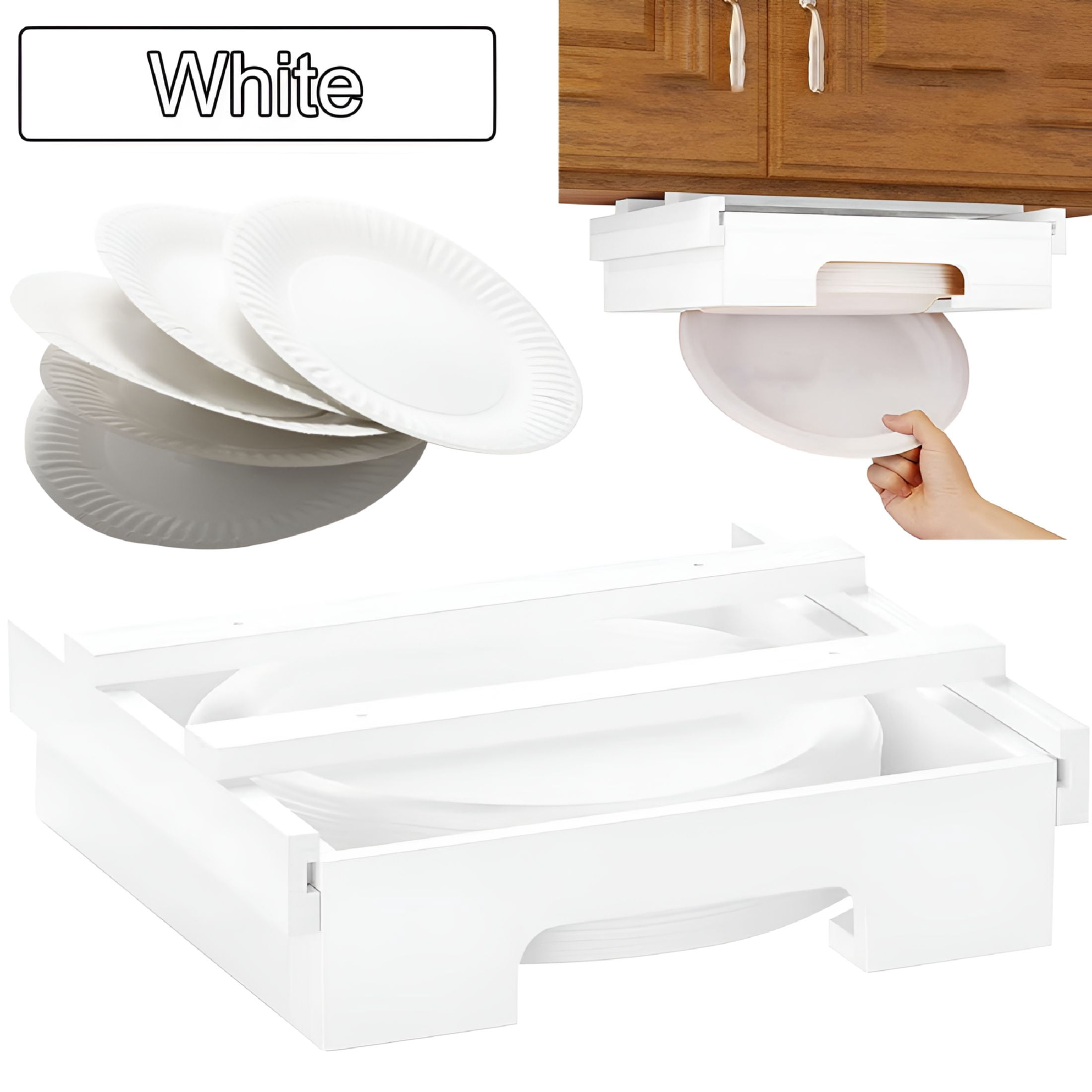 ACDANC 10-Inch Bamboo Paper Plates Dispenser Under Cabinet Plates Holder (White)
