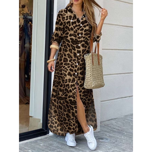 ZANZEA Party Vintage Leopard Robe 2023 Autumn Casual Long Sleeve Maxi Long Vestidos Dress Fashion Oversized Women Shirt Dress 1XL Gao Jinjia LED
