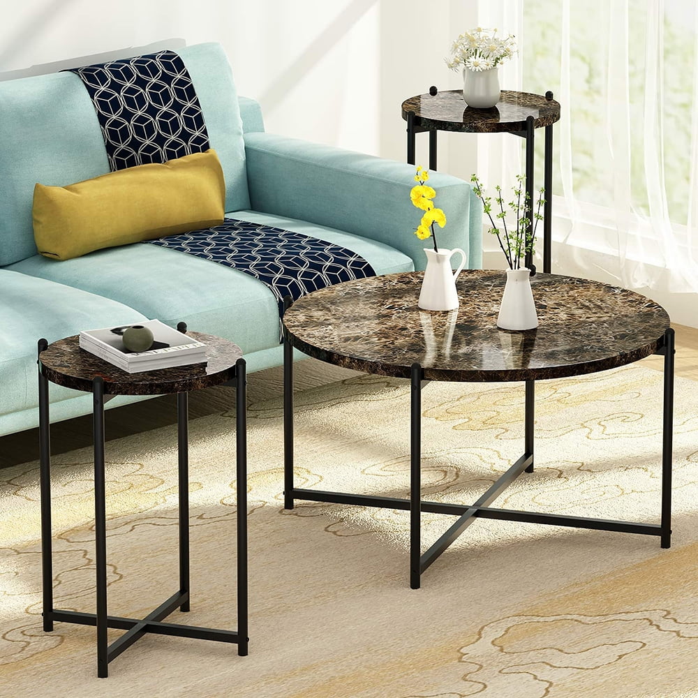Living room coffee table set, faux marble living room table set, modern round center table with