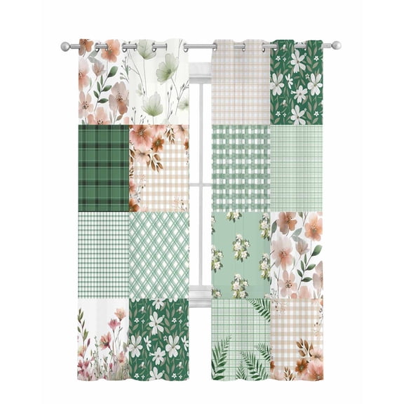 Boho Spring Floral Sheer Curtains 63 Inch Length 2 Panels Set for Living Room/Bedroom, Retro Flowers Plants Patchwork Grid Green Kitchen Curtains Grommet Curtains Window Treatments 42"x63"x2