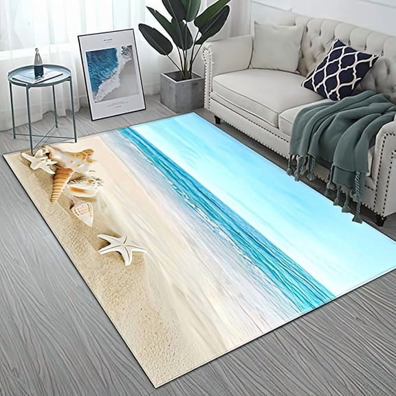 Modern Beach Seascape Area Rug, Coastal Shells Indoor Non Slip Kids Rugs, Machine Washable Breathable Durable Carpet for Room Sofa Living Room Mat Bedroom Home Decor -1x2ft