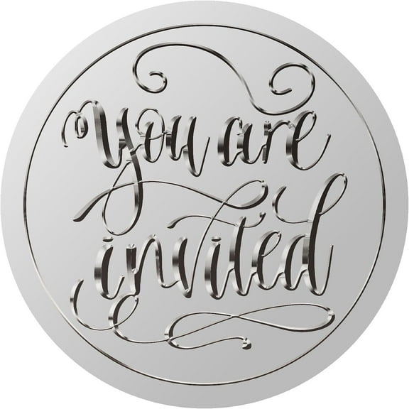 100pcs 2 Inch You are Invited Silver Foil Stickers Words Silver Embossed Envelope Seals Stickers Round Self Adhesive Stickers Medal Decoration Label DIY