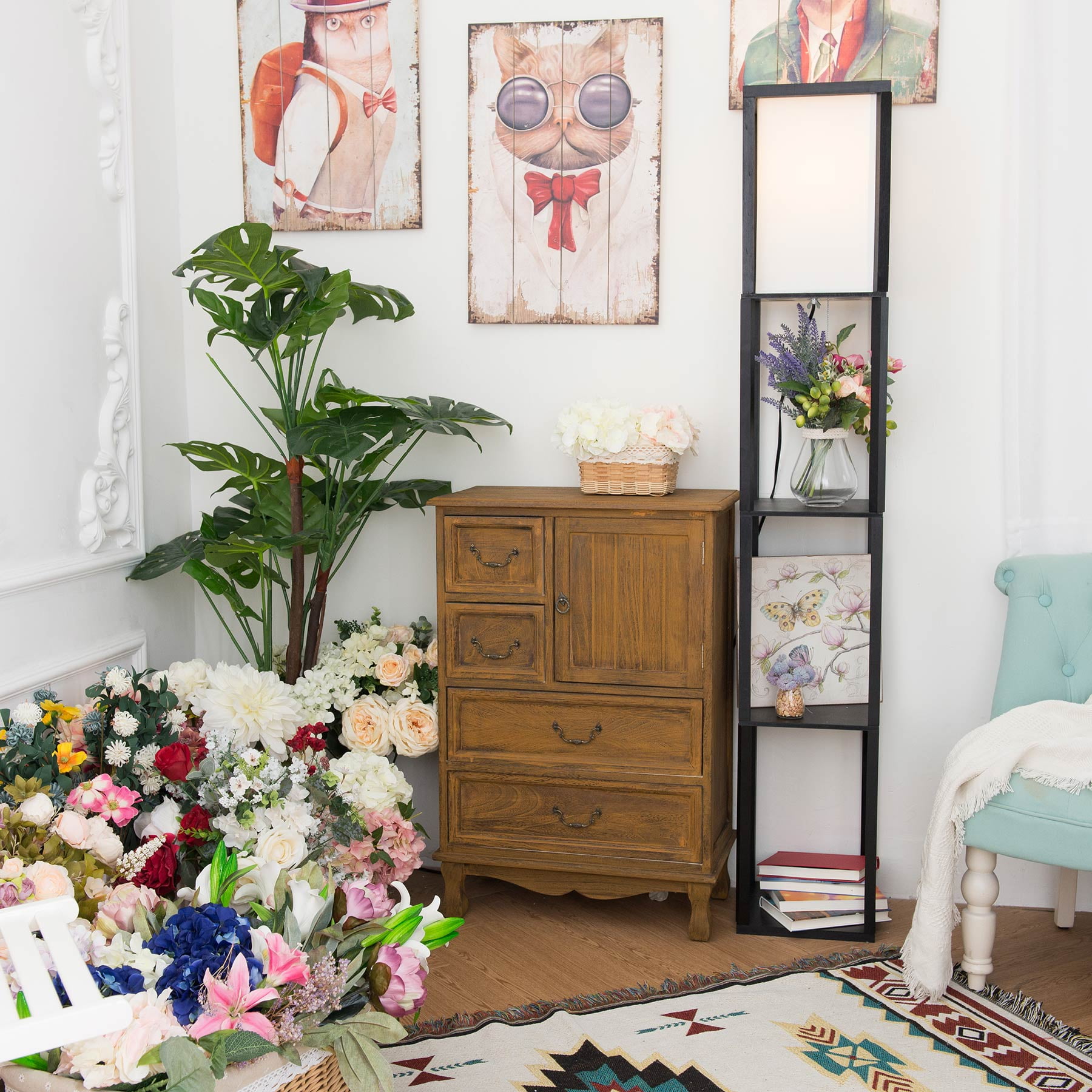 Preenex 63" Floor Lamp with Storage Shelves Fabric Shade Minimalist