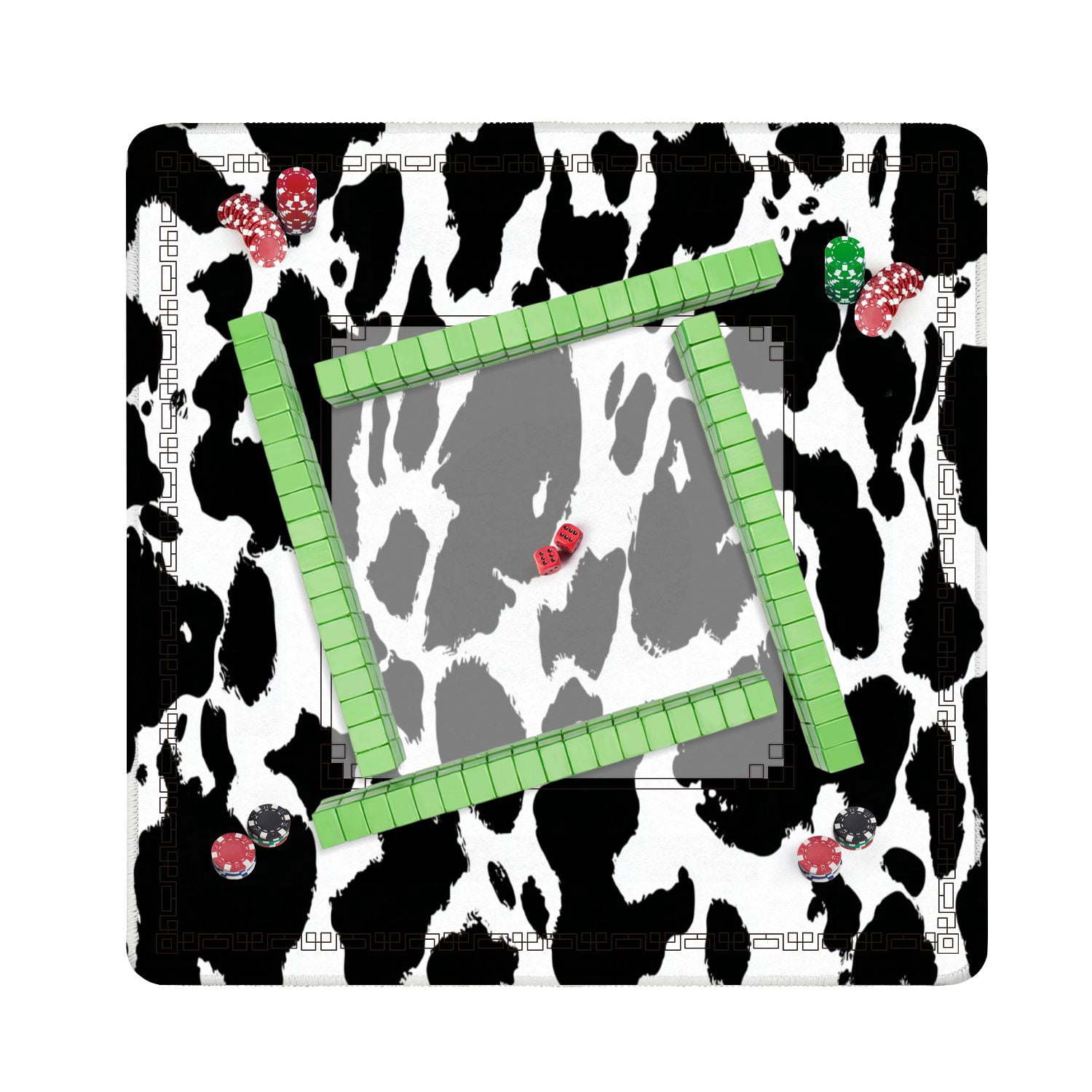 Mahjong Mat 31.5" x 31.5" Cow skin black white spot repeated seamless Animal Non-Slip Noise Reduction American Mahjong Tiles Table Cover for Dominoes Poker Card Board Games Gift