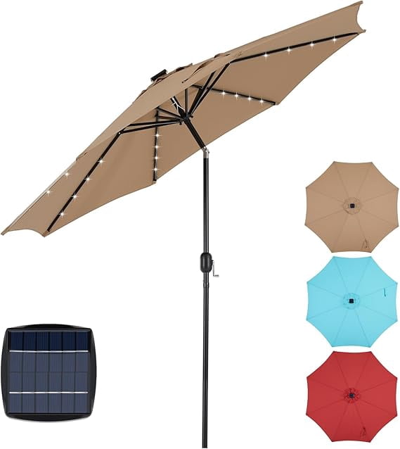 Simenmax 10FT Solar Patio Umbrella with 32 LED Lights, Outdoor Umbrellas Market Umbrella with 8 Sturdy Ribs for Market, Beach, Pool, Garden, Backyard,Brown