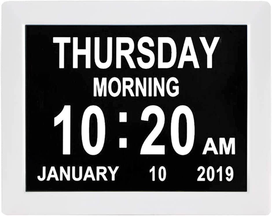 8 INCH Calendar Day Date Time Clocks 12 Alarms Reminder Auto-Dimming Extra Large Non-Abbreviated Day Month Dementia Clock for Senior Elderly Alzheimer Memory Loss Vision Impaired 