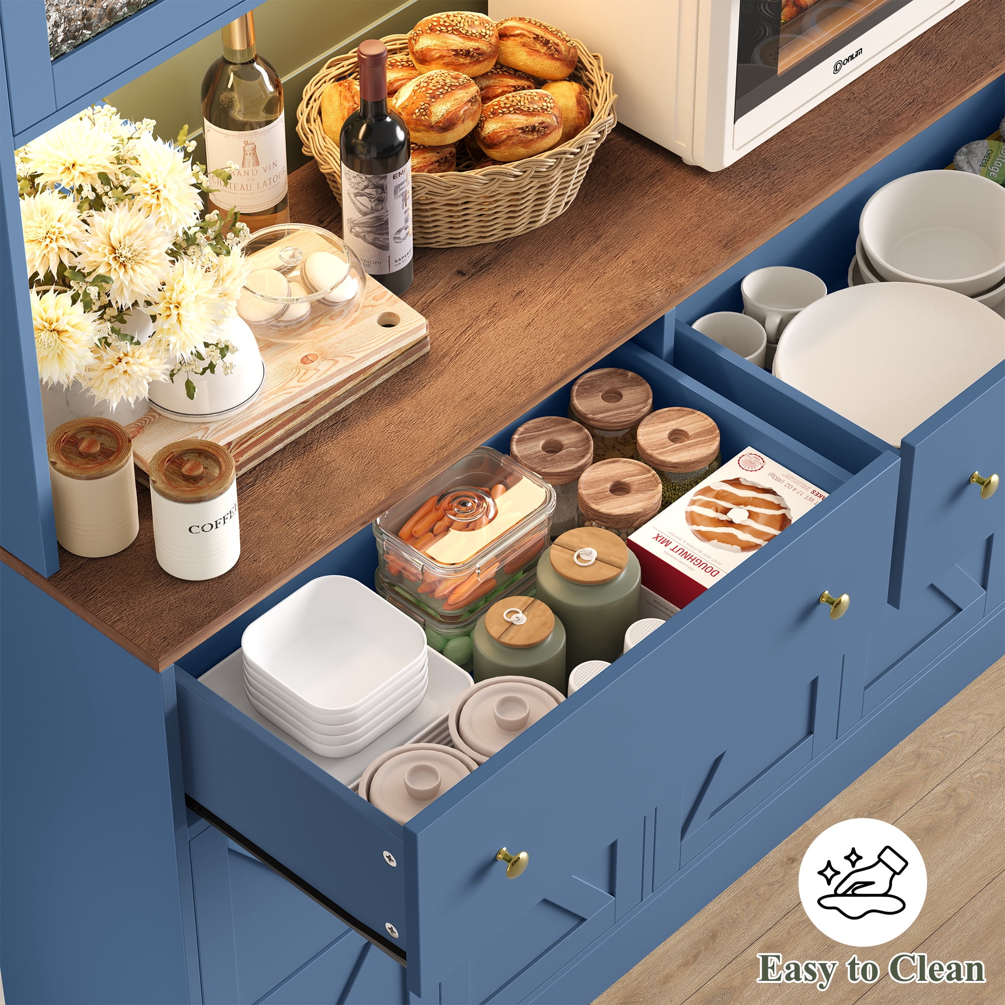 Homfa 8 Door Kitchen Pantry Cabinet with 2 Drawer, 71" LED Buffet Cabinet with & Charging Station & USB Port, Blue