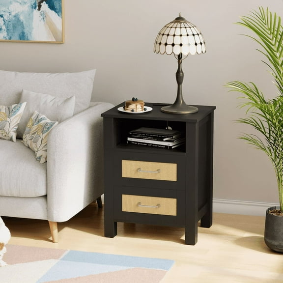 Homall 1 Piece Rattan Nightstand with 2 Drawers, Bedside Table End Table with Charging Station for Bedroom Living Room, Black