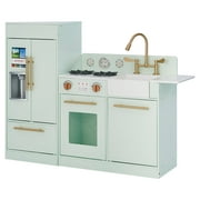 Teamson Kids Little Chef Charlotte Modern Play Kitchen with Free-Standing Refrigerator, Separate Kitchenette Unit, & Interactive Features, Mint