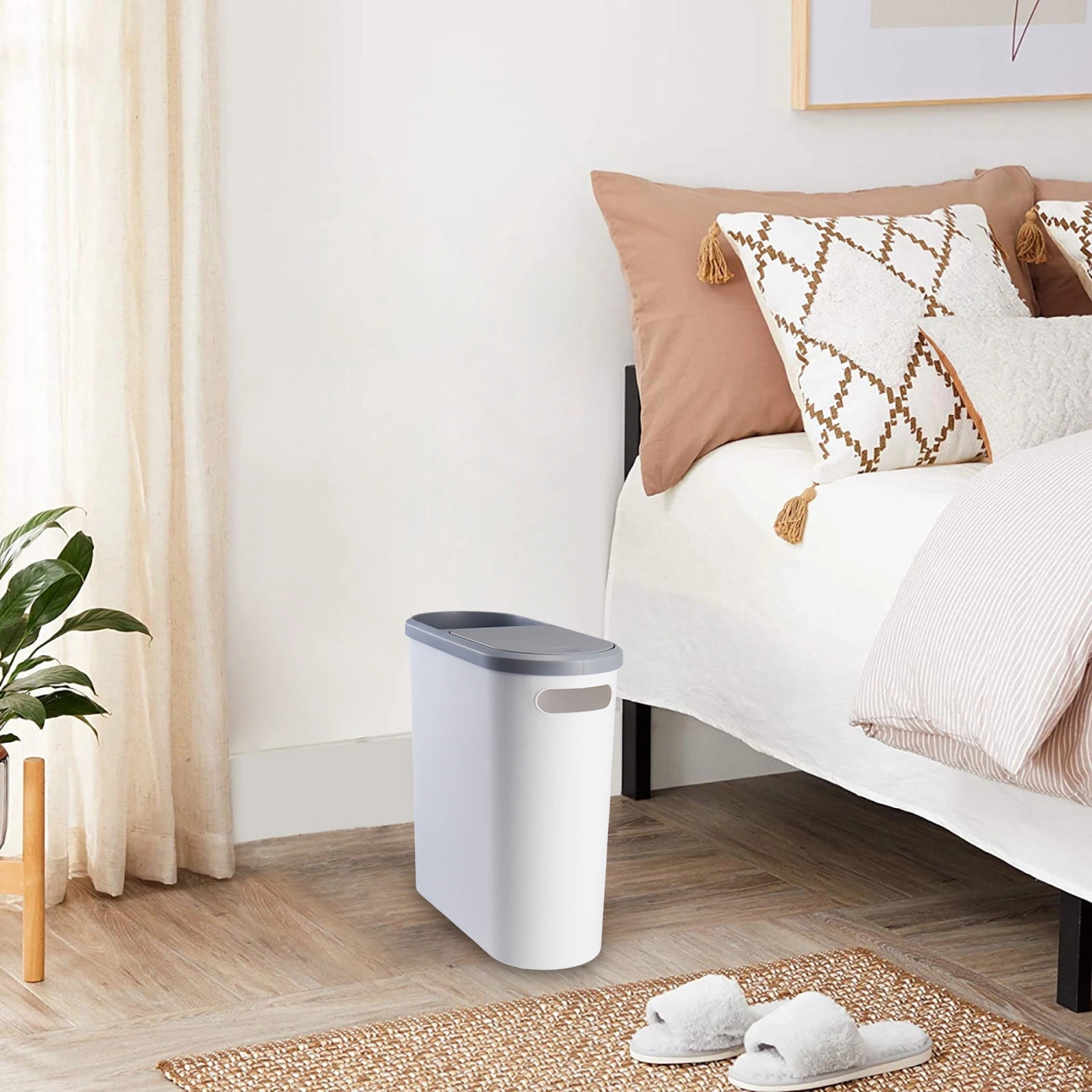 Small Trash Can With Push Top Lid 2.1 Gallon Slim Bathroom Garbage Can With Paper Holder & Handle Hole 2 In 1 Multifunction Trash Bin(White)AA