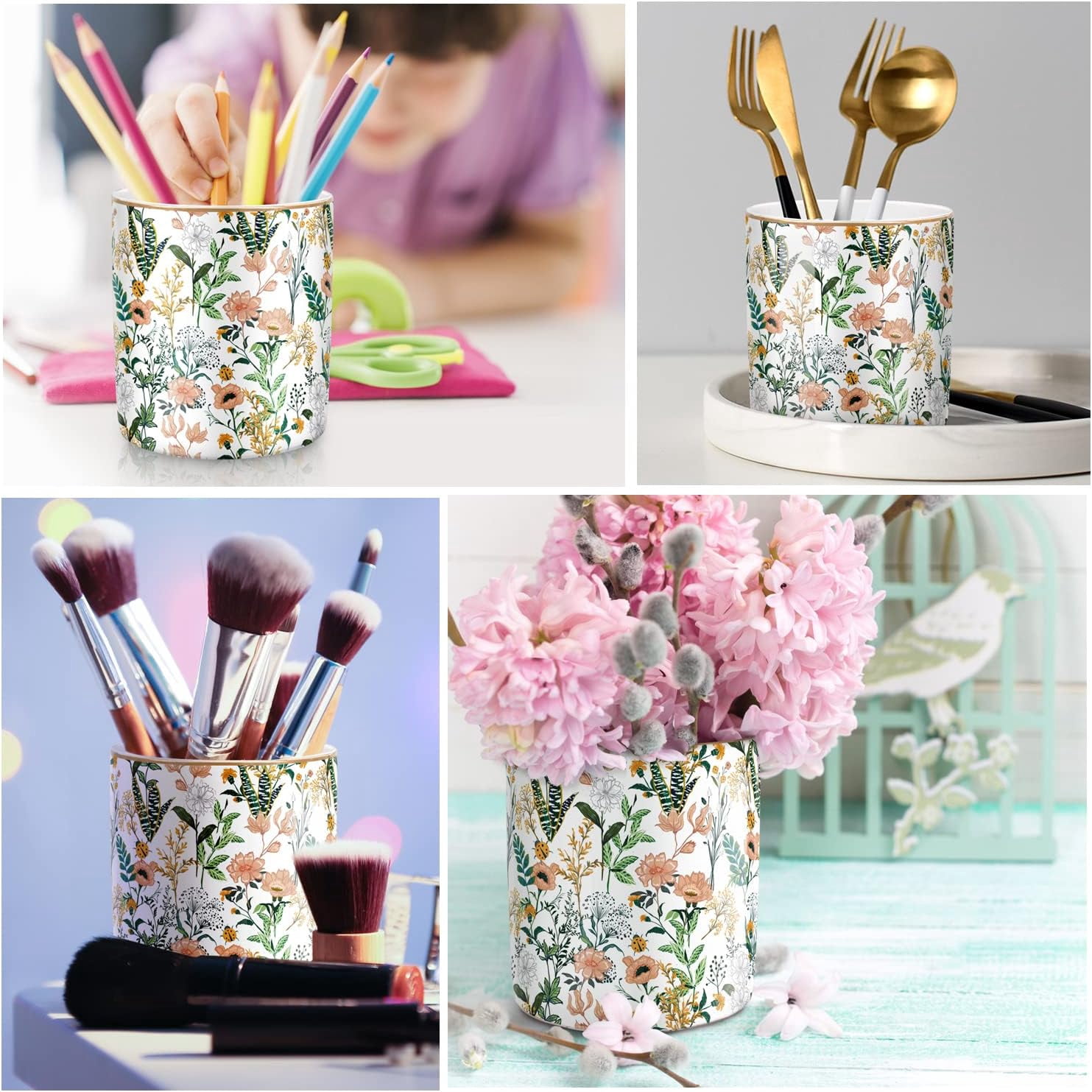 Large Capacity Colored Pen Holder for Desk, Ceramic Pencil Cup Marker Makeup Brush Holders, Desk Accessories & Workspace Organizers Home, Office, White Flower