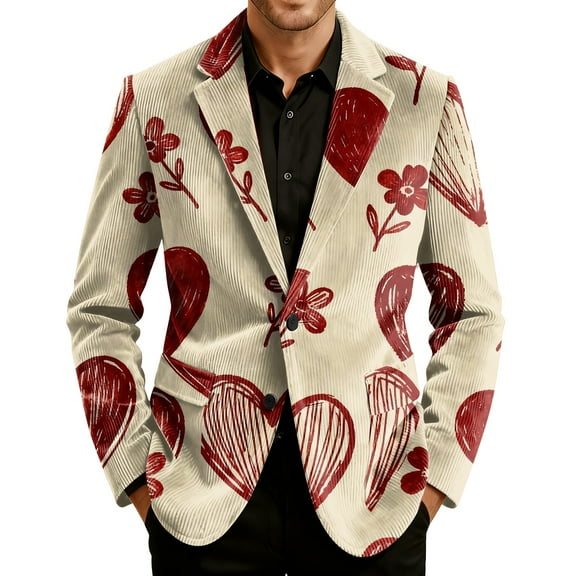 Men's Printed Corduroy Pocket Blazer, Casual Suit Cardigan Jacket, Khaki, L