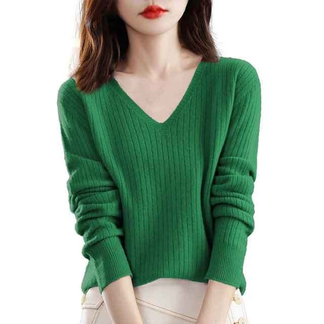 IMENGL Wool core spun yarn knit sweater, Green M, Size M-2XL