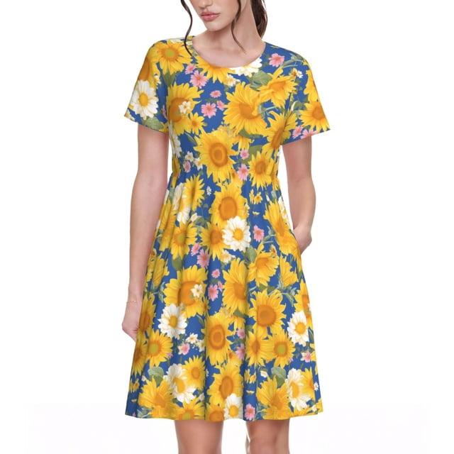 Fotbe Vintage White Yellow Sunflower Vestido Largo de Moda para Mujer, Vestido Tipo Camiseta con Manga Corta y Estilo Casual a Rayas y Bloques de Color