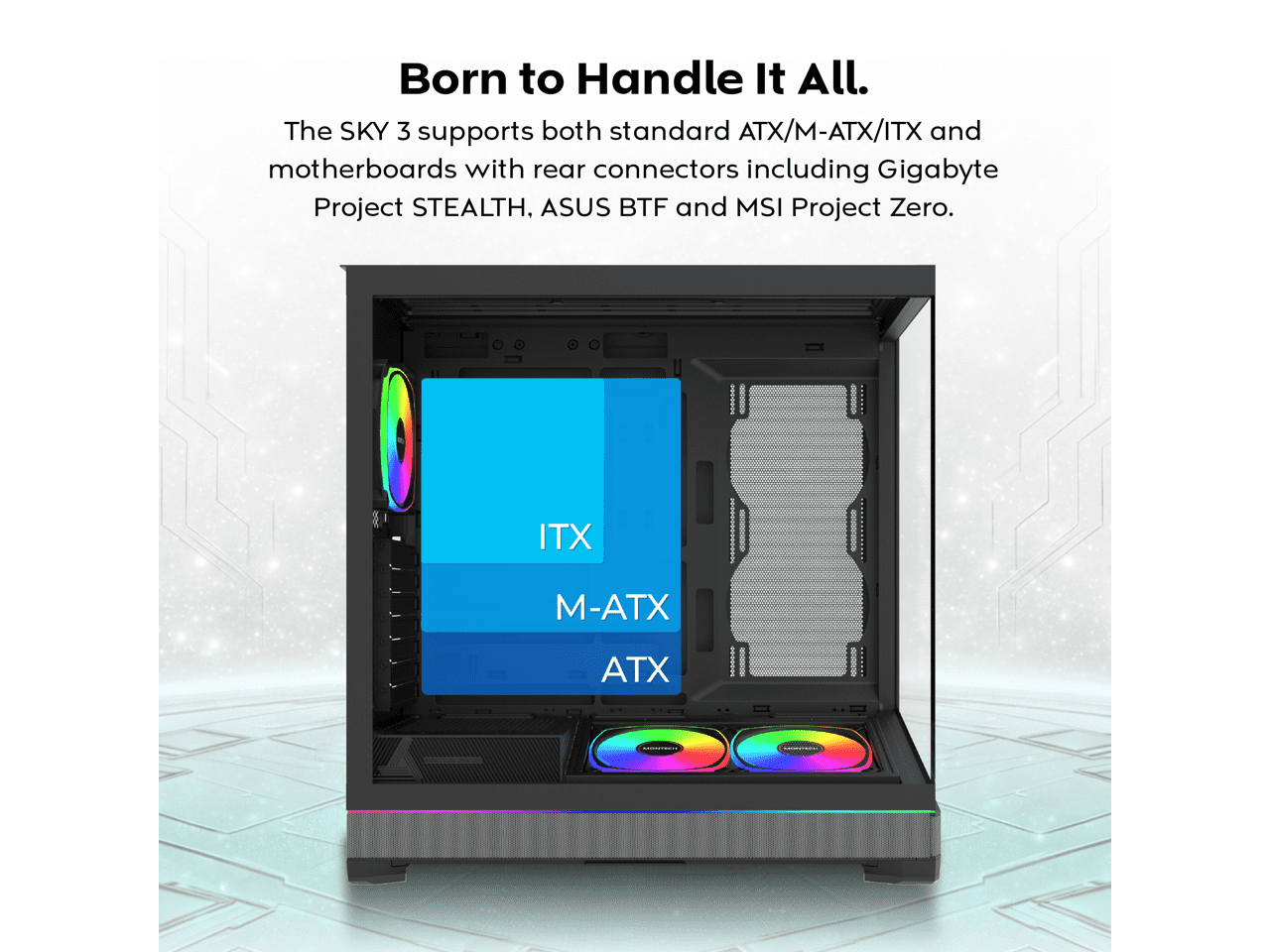 MONTECH SKY 3 ATX PC Case, Panoramic Glass, Adjustable Airflow, Personalized Design, 360mm Radiator Support, 3x120mm ARGB PWM Fans Pre-Installed, Compact Build for Next-Gen GPU, Black (SKY3B)