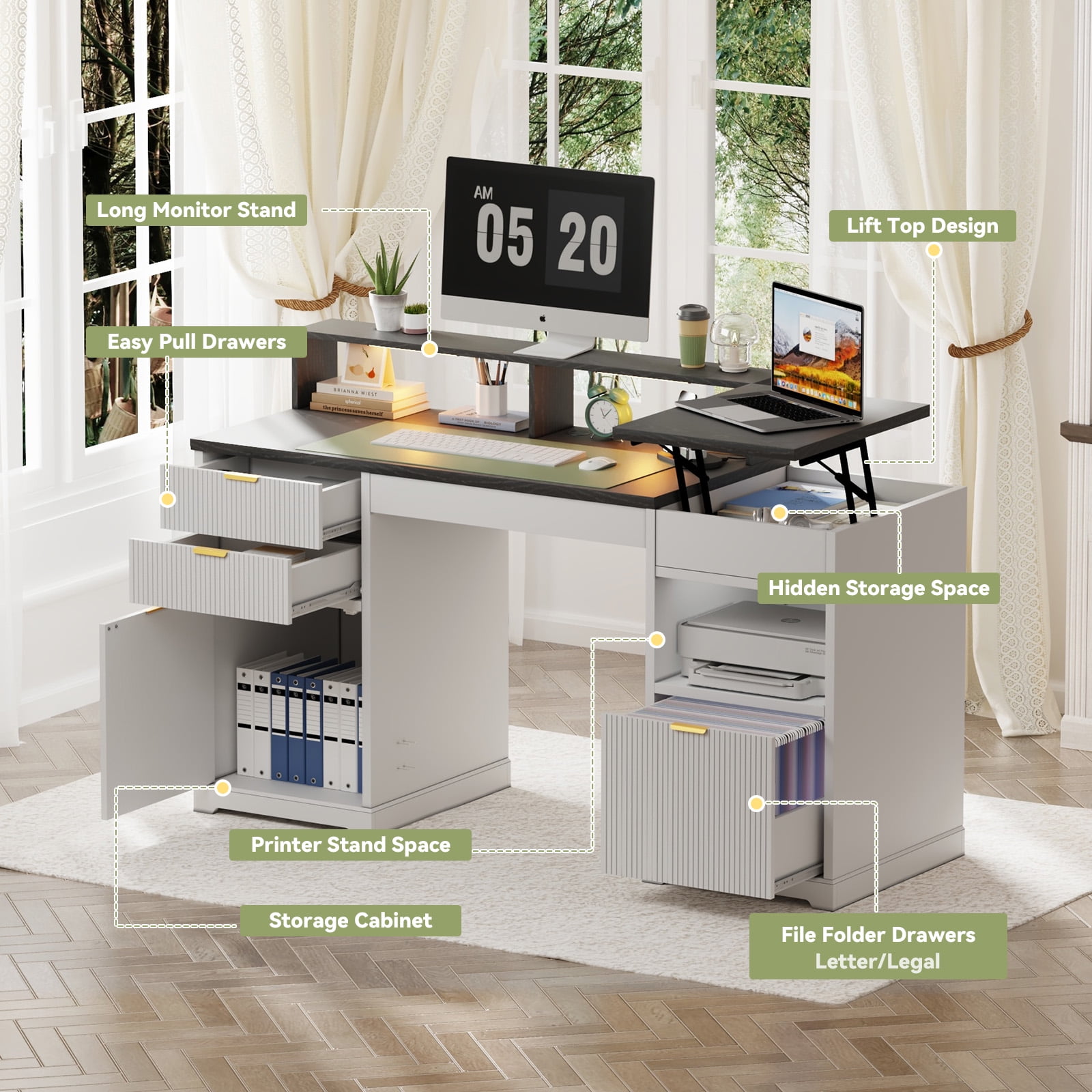 Fluted Executive Office Desk with Filing Cabinet and Drawers, Home Office Table Gaming Desk with Monitor Stand Lights, Cable Managerment and Charger, White&Black