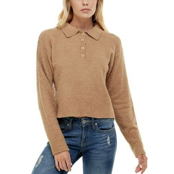 Ultra Flirt Juniors' Fuzzy Polo Top Camel Long Sleeve Button Collared Size L