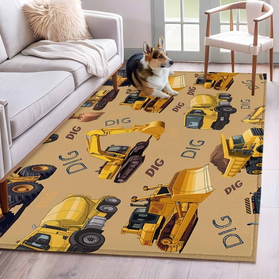 Rectangle Area Rugs 4 x 6 Ft, Construction Truck Non-Slip Residential Carpet, Cartoon Grips and Bulldozers Turmeric Indoor Crawling Mats Runner Rugs for Living Room/Dining Room/Bedroom