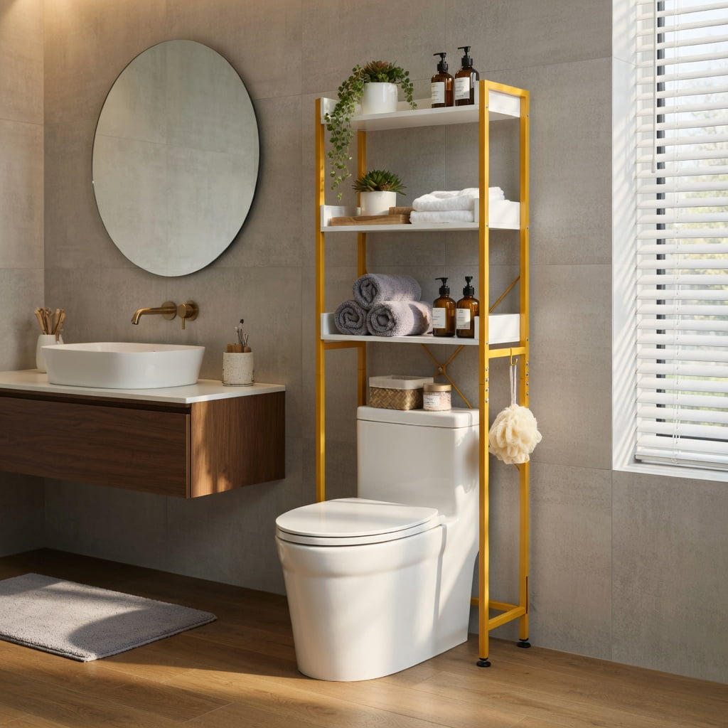 Hommoo Over-the-Toilet Storage Rack with Adjustable Bottom Bar, 3-Tier Open Shelves & Dual Side Hooks, White