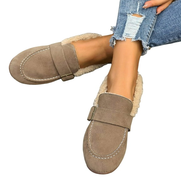 Loafers for Women Winter Warm Fuzzy Lined Round Toe Suede Flat Shoes Buckle Strap Casual Comfy Walking Driving Shoes Khaki Size 6