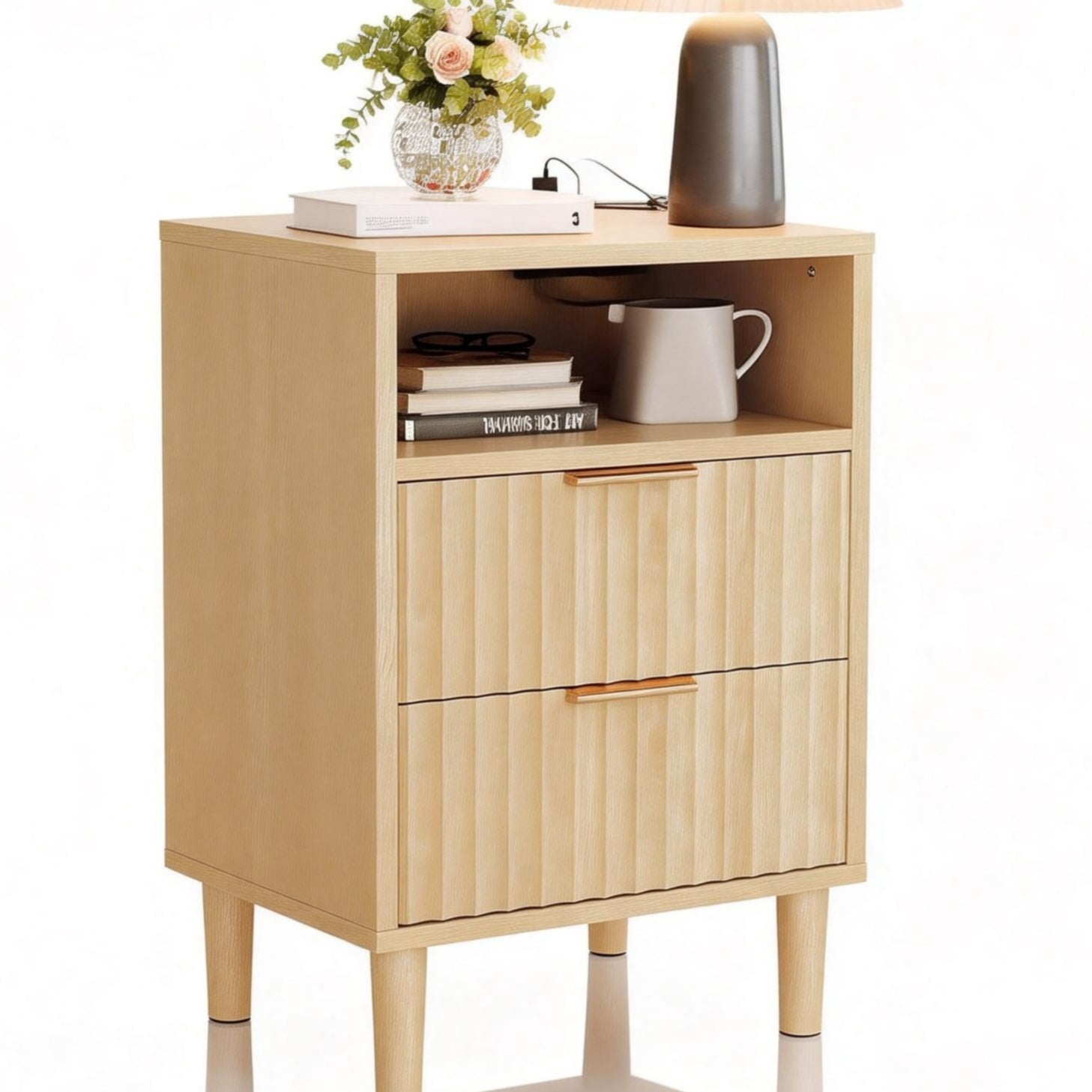 Ktaxon Nightstand with Charging Station, End Table Wooden Bedside Table Large Capacity Easy to Assemble, Wood