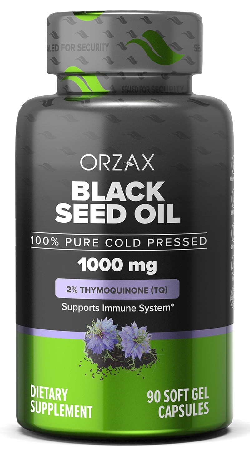 ORZAX Black Seed Oil Capsules, 90 Soft Gels, 1000 mg, 2% Thymoquinone,  100% Virgin Pure Cold Pressed