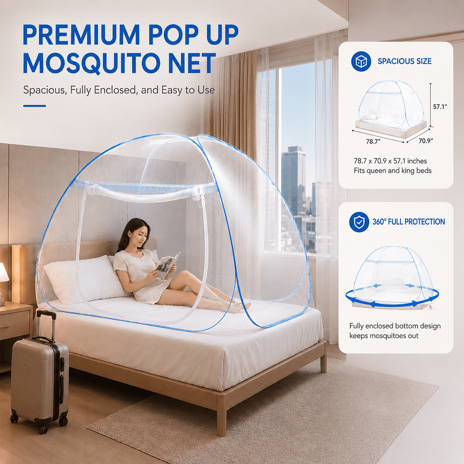 Leyeet Mosquito Net for Bed, Foldable Net Bed with Zipper Closure Design, Automatic Pop Up Mosquito Net, Portable Insect-Proof Mosquito Net Tent for Indoor, Outdoor Camping, Travel, Easy Installation