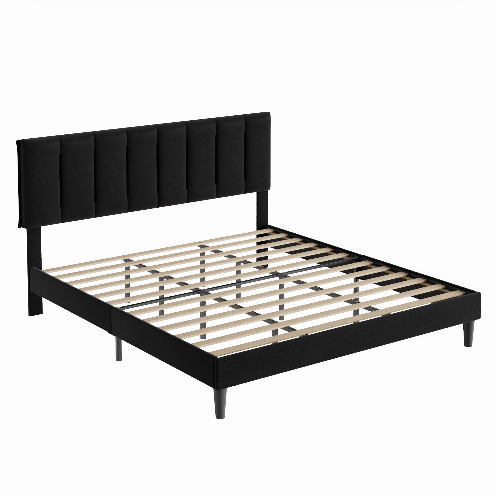 VECELO King Size Upholstered Bed Frame Black Metal Frame Bed with Adjustable Headboard Wood Slat No Box Spring Needed/Easy Assembly,Black