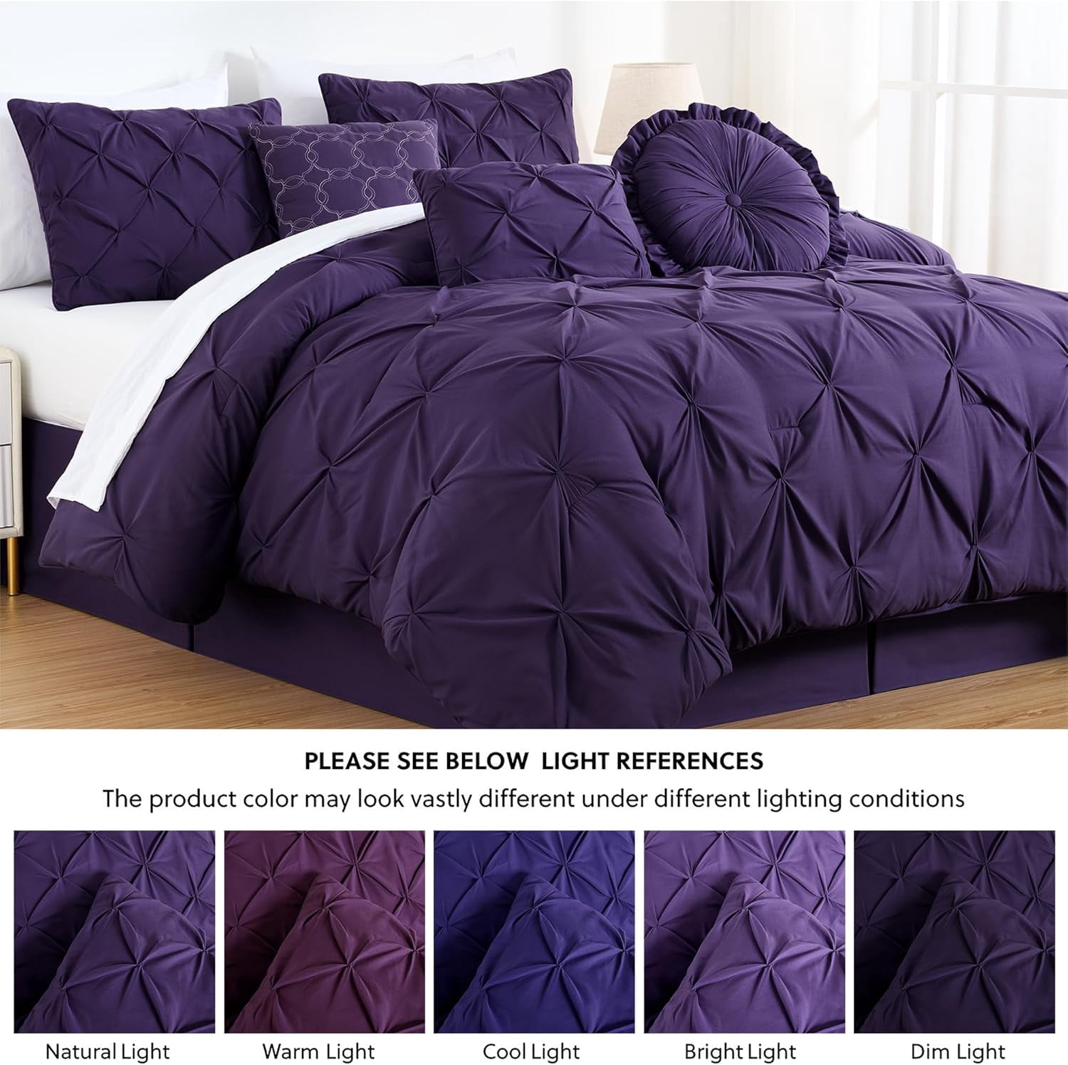 Chezmoi Collection Sydney 7-Piece Pinch Pleat Comforter Set, Lightweight Pintuck Bedding for All Season, Queen, Purple