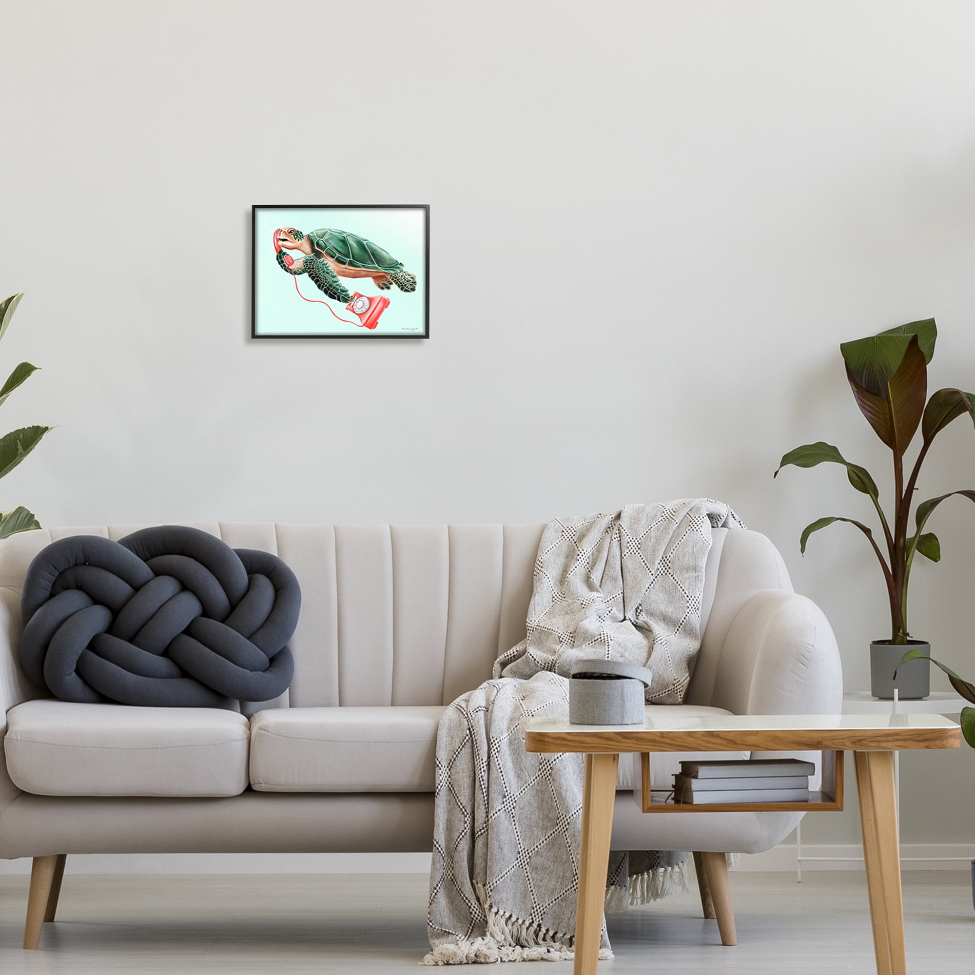 Stupell Industries Green Sea Turtle Swimming Red Rotary Telephone Graphic Art Black Framed Art Print Wall Art, Design by Amelie Legault