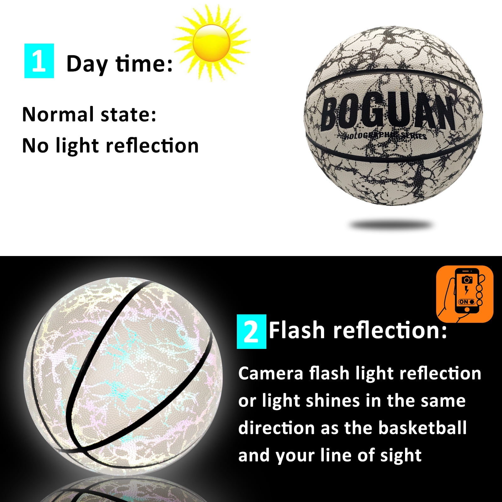 Holographic Basketball Official Size 7- Extra Pump and Net - Glow in The Dark Ball - Reflective Glowing PU Leather-Indoor and Outdoor Training Ball-Perfect Gifts for Men,Women,Teen Kids,Boys & Girls