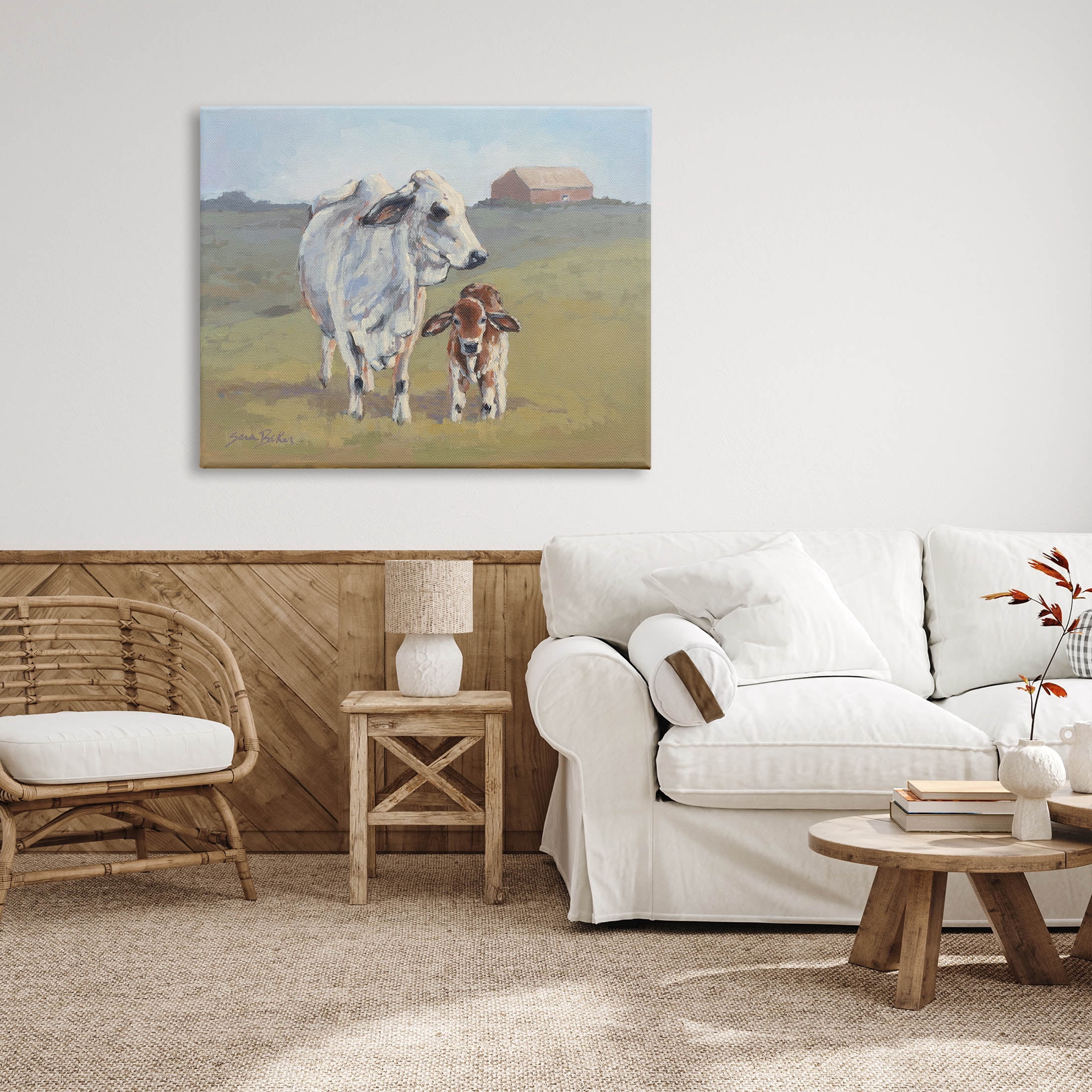 Baby Cow Family Farm Portrait Animals & Insects Painting Gallery Wrapped Canvas Print Wall Art