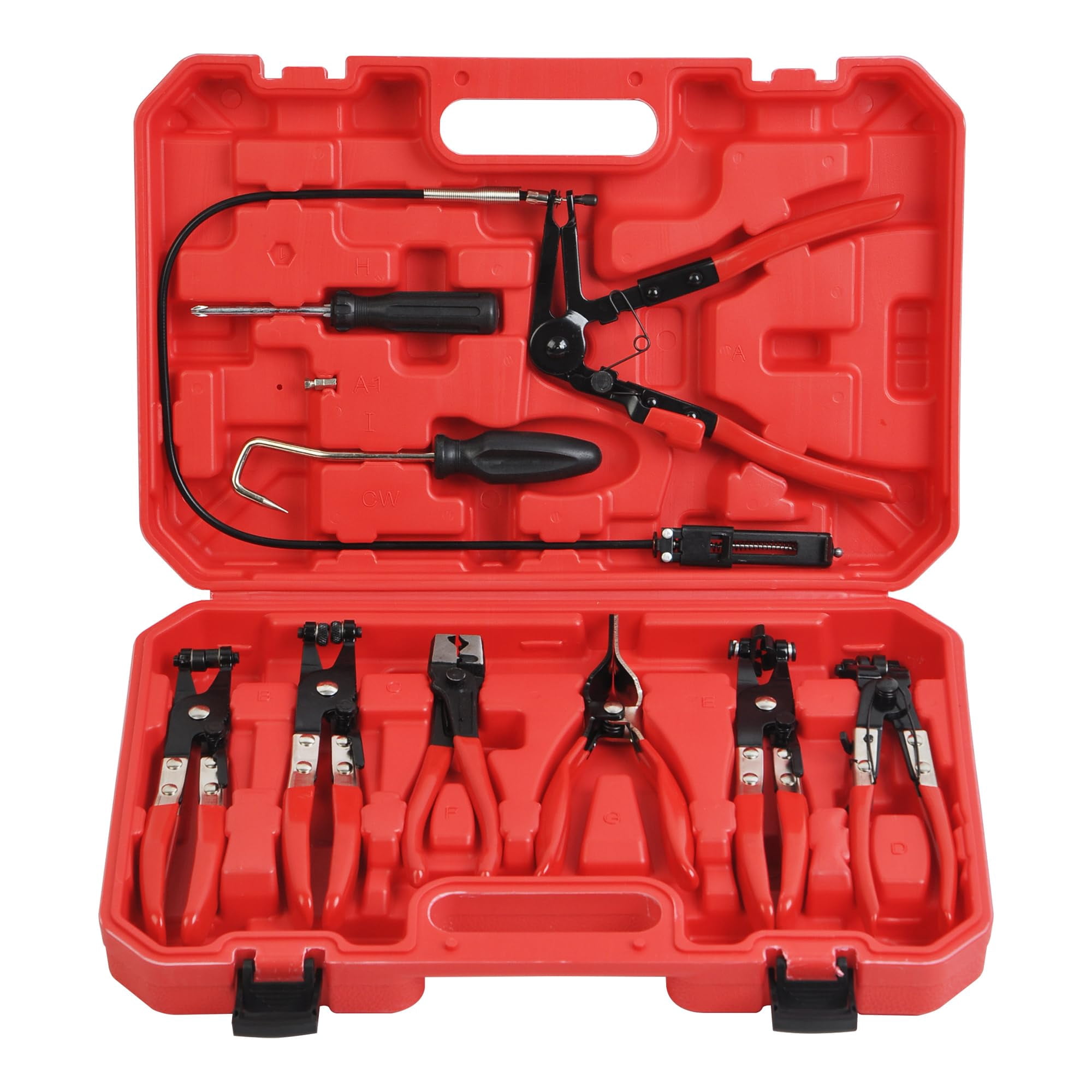 9PCS Hose Clamp Pliers for Fuel Oil and Water Hoses, Long Reach Hose Clamp Remover Kit with Flexible Wire Clic R Type Swivel Jaw Flat Band Pliers Set