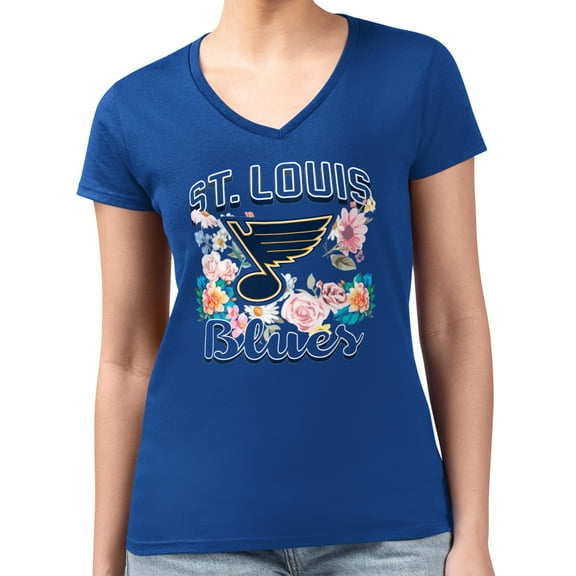 Women's G-III 4Her by Carl Banks Blue St. Louis Blues Super-Slim Fit Lightweight Flower Logo V-Neck T-Shirt