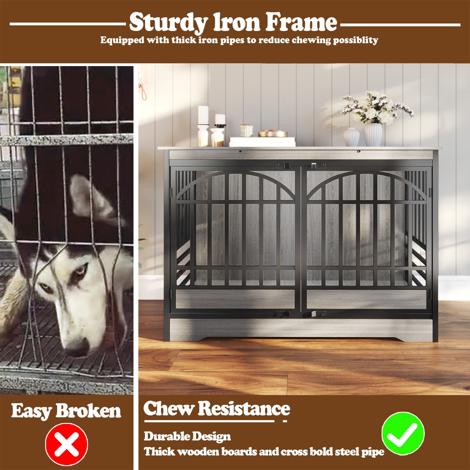 52 Inch Dog Crate Furniture, XL Indoor Dog Kennel for Extra Large Breeds, Heavy Duty Wooden Dog Cage with Double Arched Doors, TV Stand & End Table, Gray