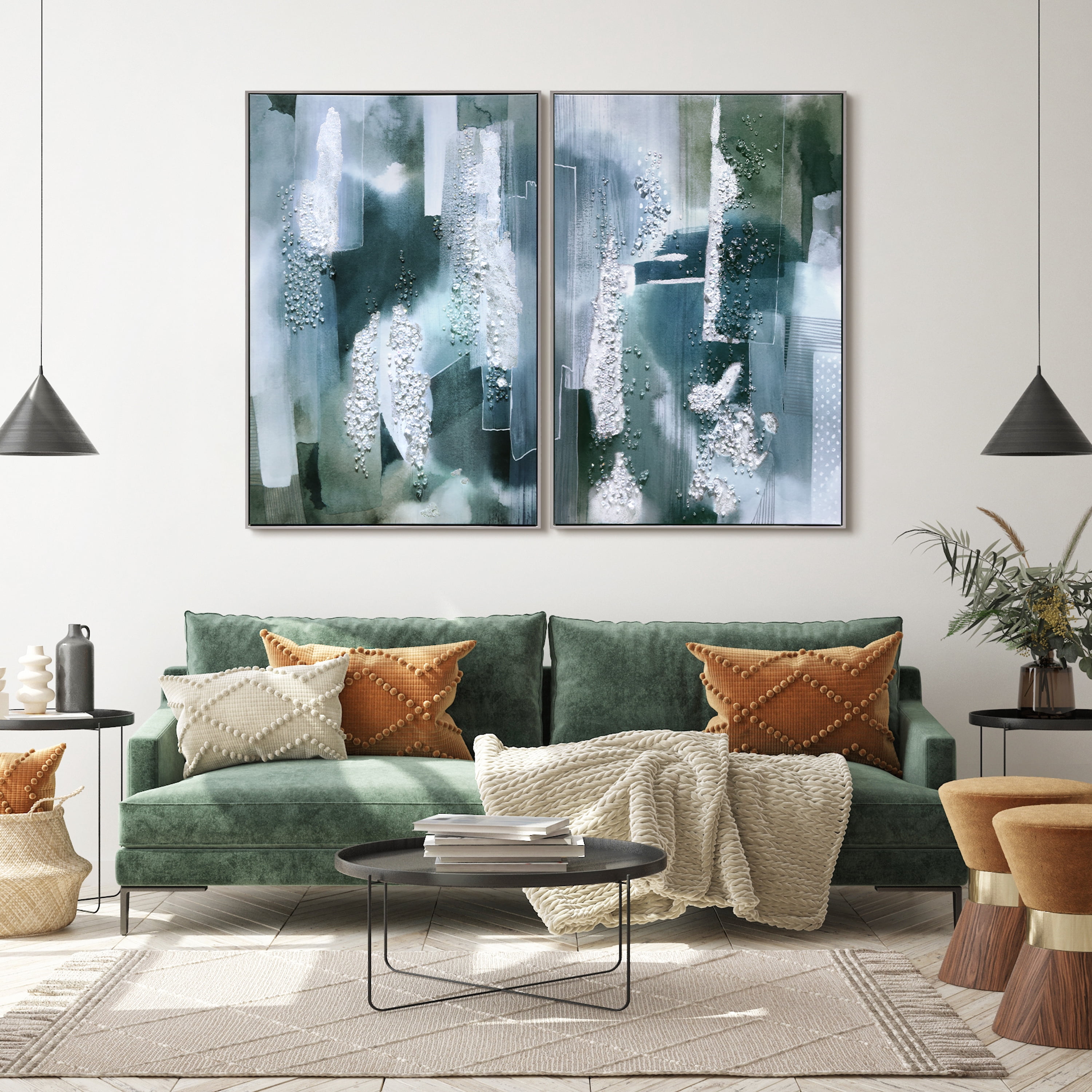 "Silver Mist I & II" Crystallus Epoxy Coated Wrapped Framed Glossy Canvas Wall Art with Heavy Acrylic Crystal Shards Embellishments, Silver Foil Accents