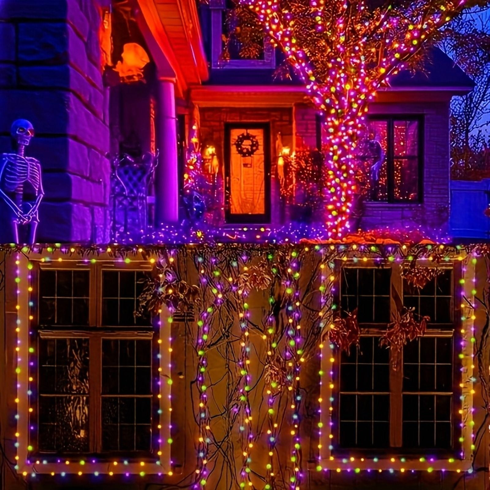 2 Pack Orange Purple Green Halloween String Lights Outdoor, 32.5FT 100 LED Waterproof Christmas Lights with 16 Lighting Modes for Halloween Garden Party Christmas Xmas Tree Lights Decor