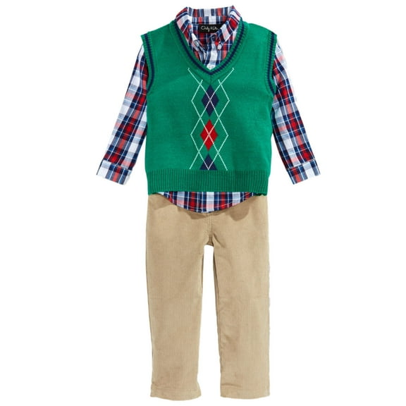 Only Kids Infant Boys 3 Piece Dress Up Outfit Pants Shirt Green Sweater Vest 18m