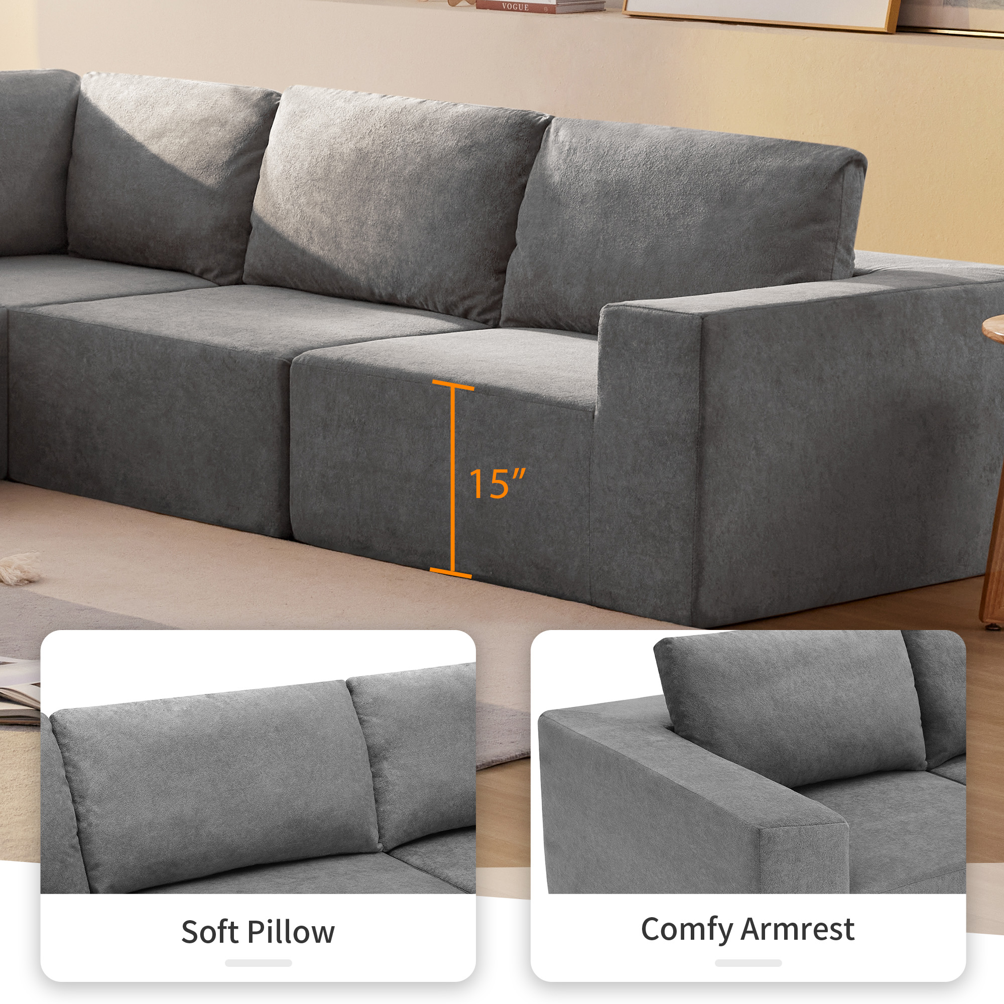 MAYEERTY 116x116" L-Shaped Modular Sectional Sofa - Luxury 5PC Free Combination Compressed Floor Couch for Living Room/Bedroom, 3 Colors