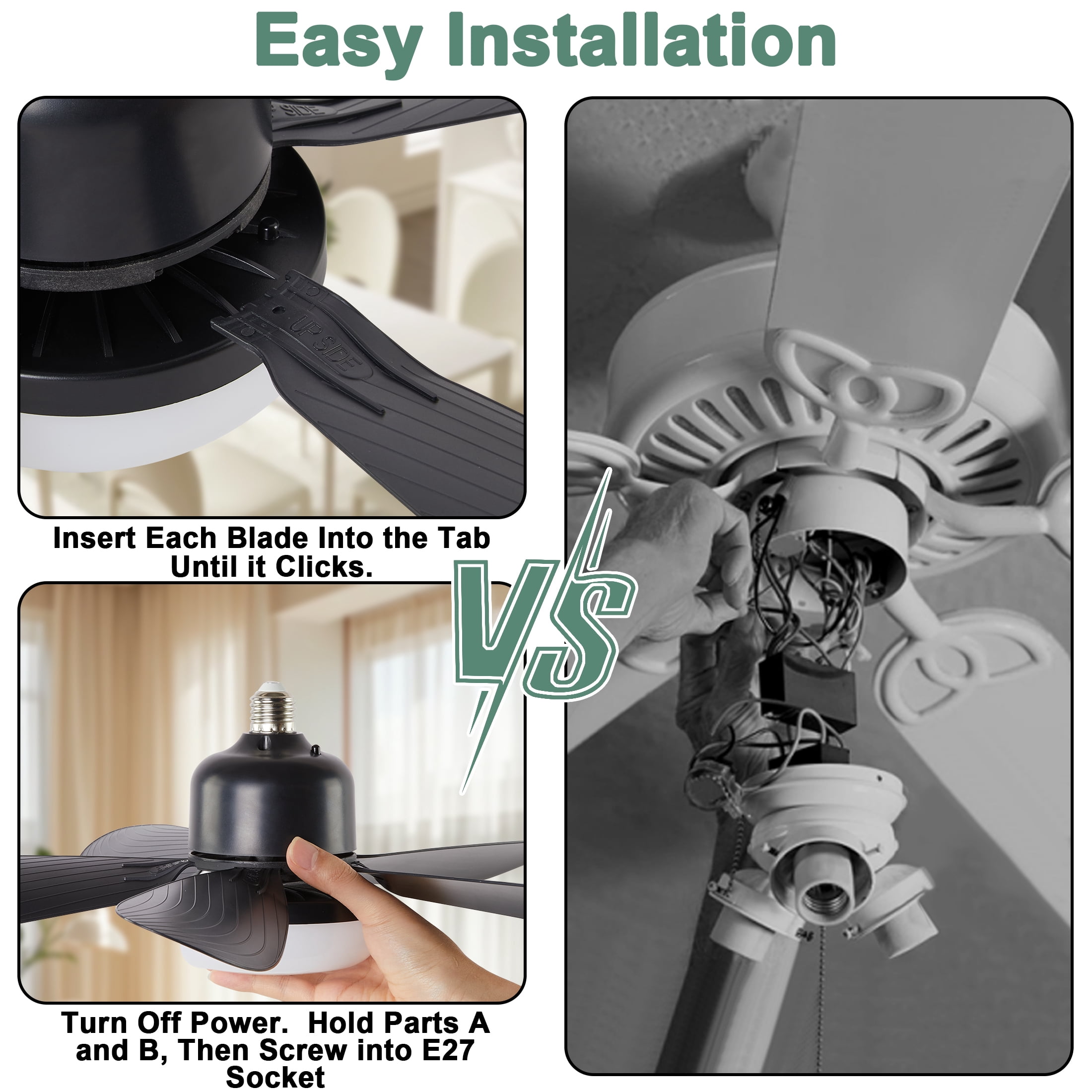 LOFTER-Pro Socket Fans with Lights,20.5 inch Low Profile Ceiling Fan and Remote Control Modern Flush Mount Black Ceiling Fans,Dimmable 3 Colors,3 Speeds,5 Blades for Small Bedroom,Small Kitchen