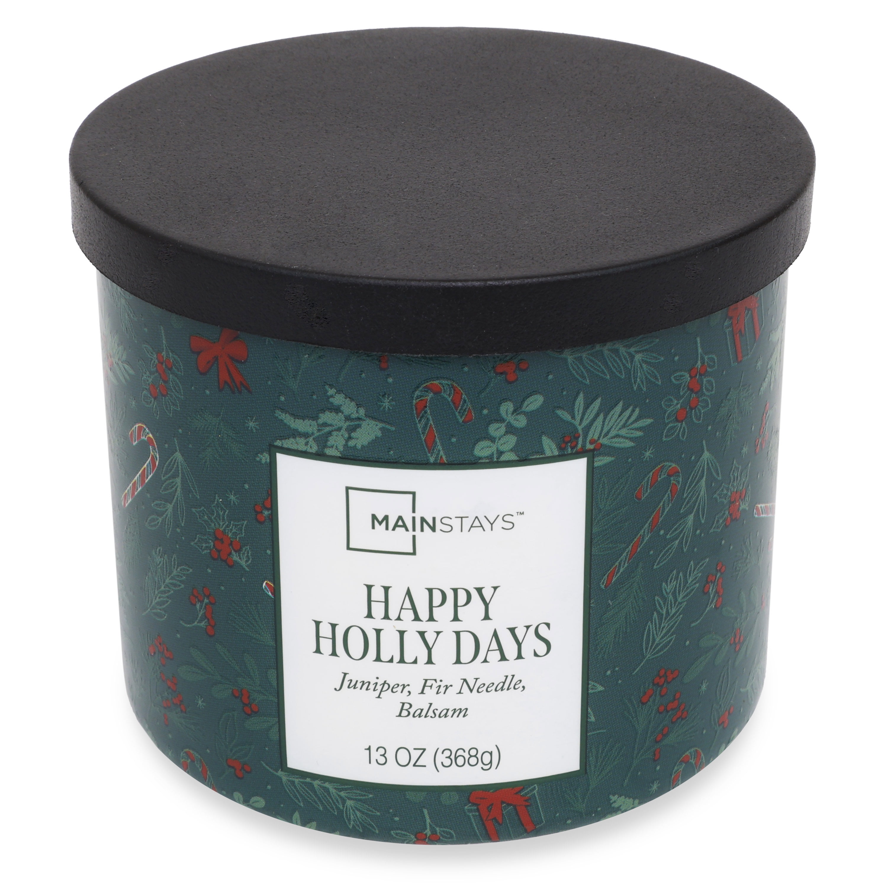 Mainstays 3-Wick Happy Holly Days Scented Candle with a Green Garland Toss Scene Wrap, 13-Ounce